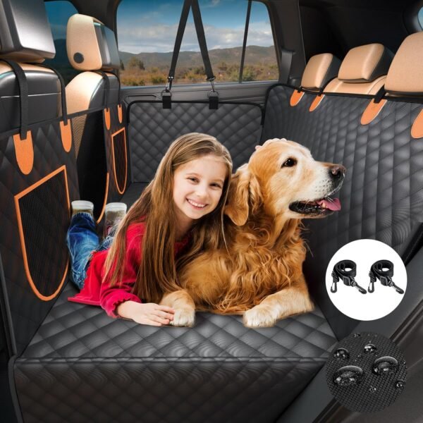 Dog Car Seat Cover for Back Seat, Hard Bottom Extender with Waterproof and Scratch-Proof, Pet Cover for Dogs in Car, Dog Hammock with Door Protection and Storage Pocket for Car SUV, Black