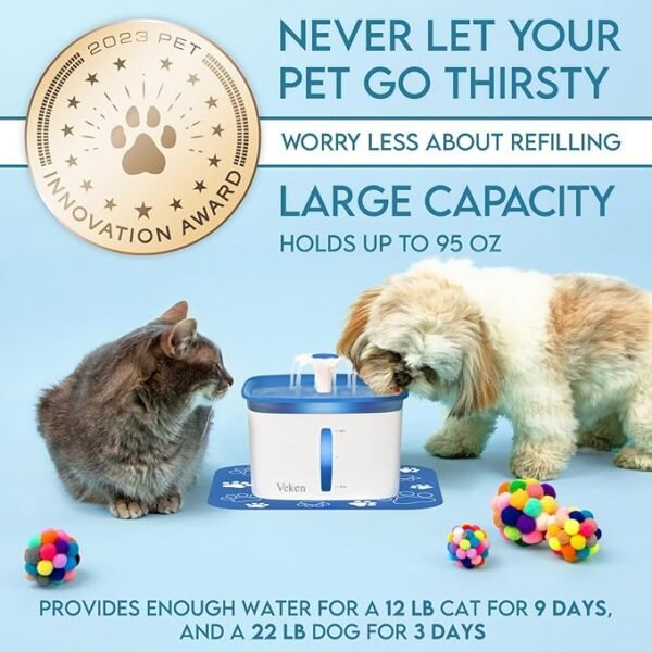 Veken 95oz2.8L Pet Fountain, Automatic Cat Water Fountain Dog Water Dispenser with Replacement Filters for Cats, Dogs, Multiple Pets (Blue, Plastic) - Image 3